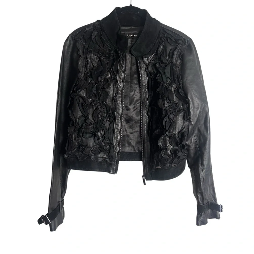 🌟 BEBE Black Leather & Suede Ruffle Moto Jacket 🌟 - Picture 3 of 9